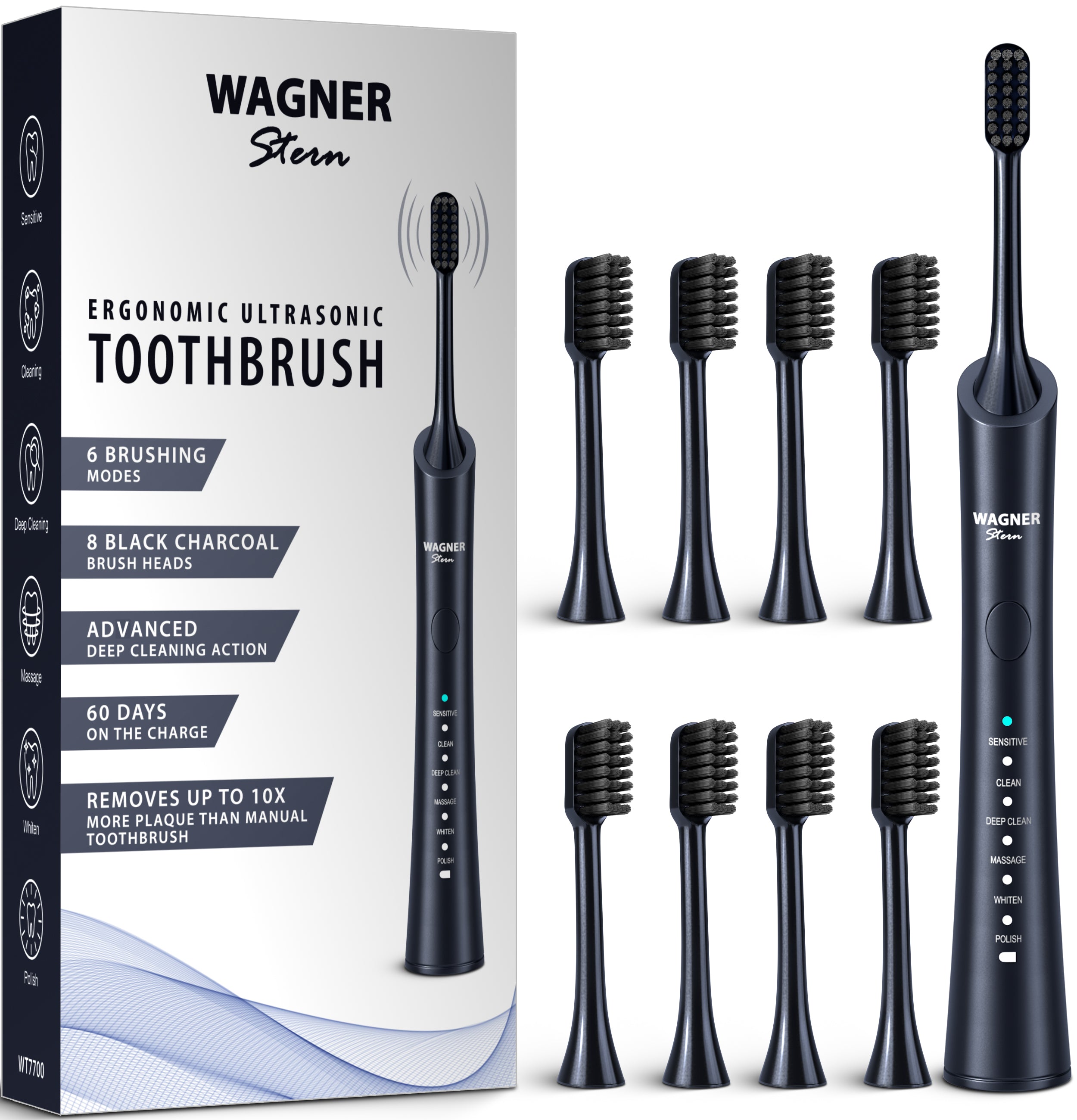 Wagner & Stern ultrasonic whitening Electric Toothbrush with 8 Charcoal Black Brush Heads. for Fresh Breath & Healthy Smile. (Charcoal)