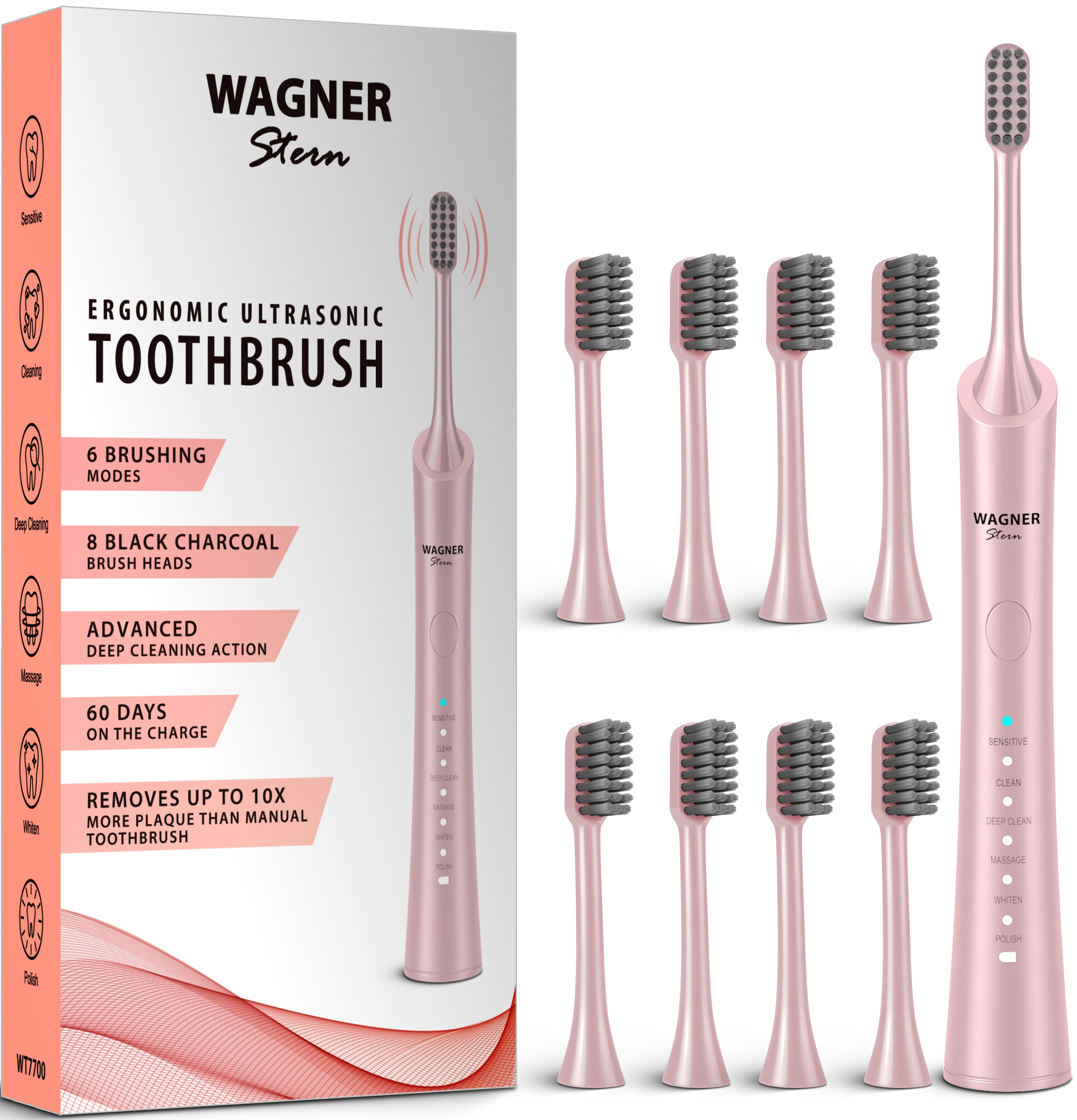 Wagner & Stern ultrasonic whitening Electric Toothbrush with 8 Charcoal Black Brush Heads. for Fresh Breath & Healthy Smile. (Pink)