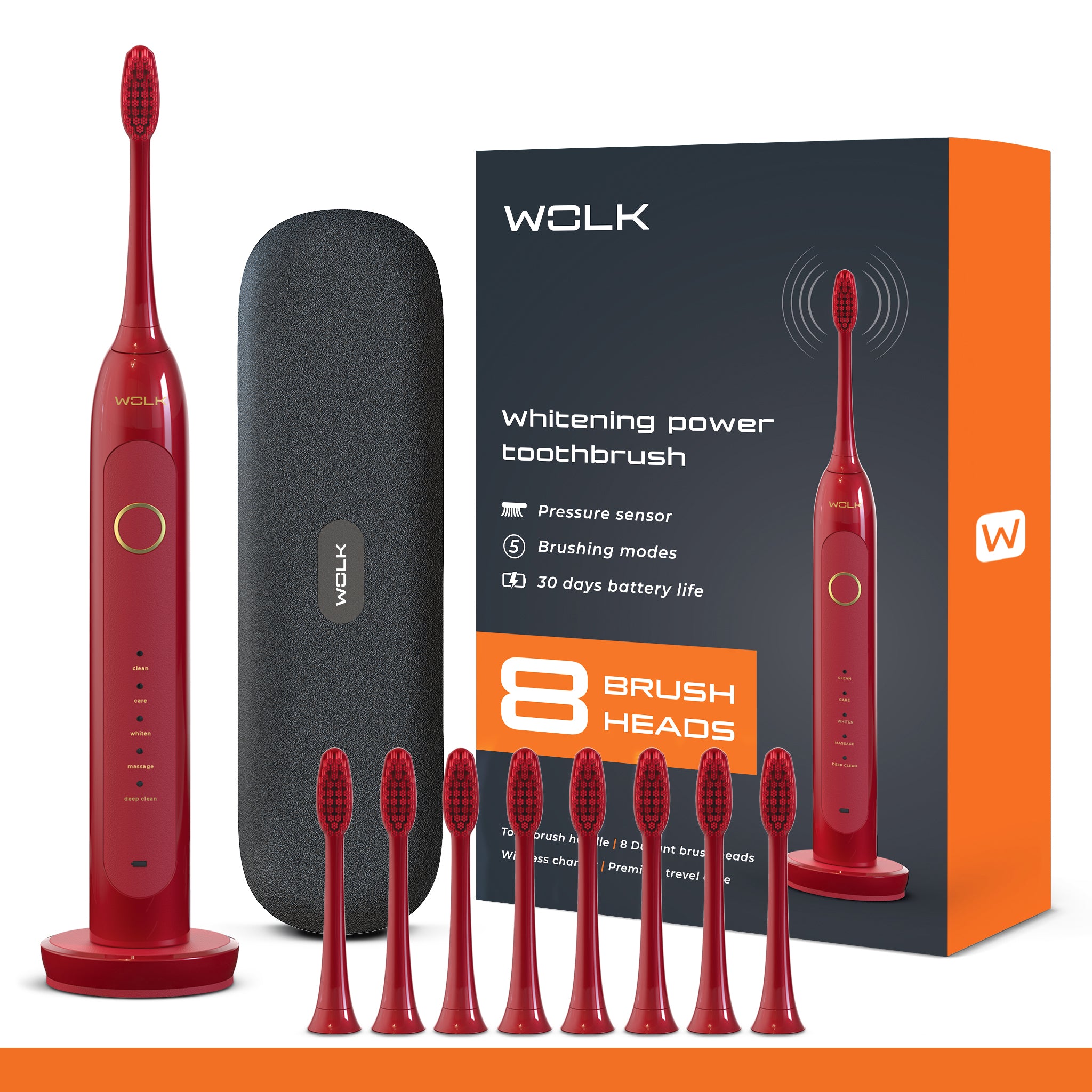 Wolk T6421 Ultra Whitening Toothbrush with Pressure Sensor & 5 Brushing Modes, 8 Dupont Brush Heads, Premium Travel Case, Rechargeable. (maroon)