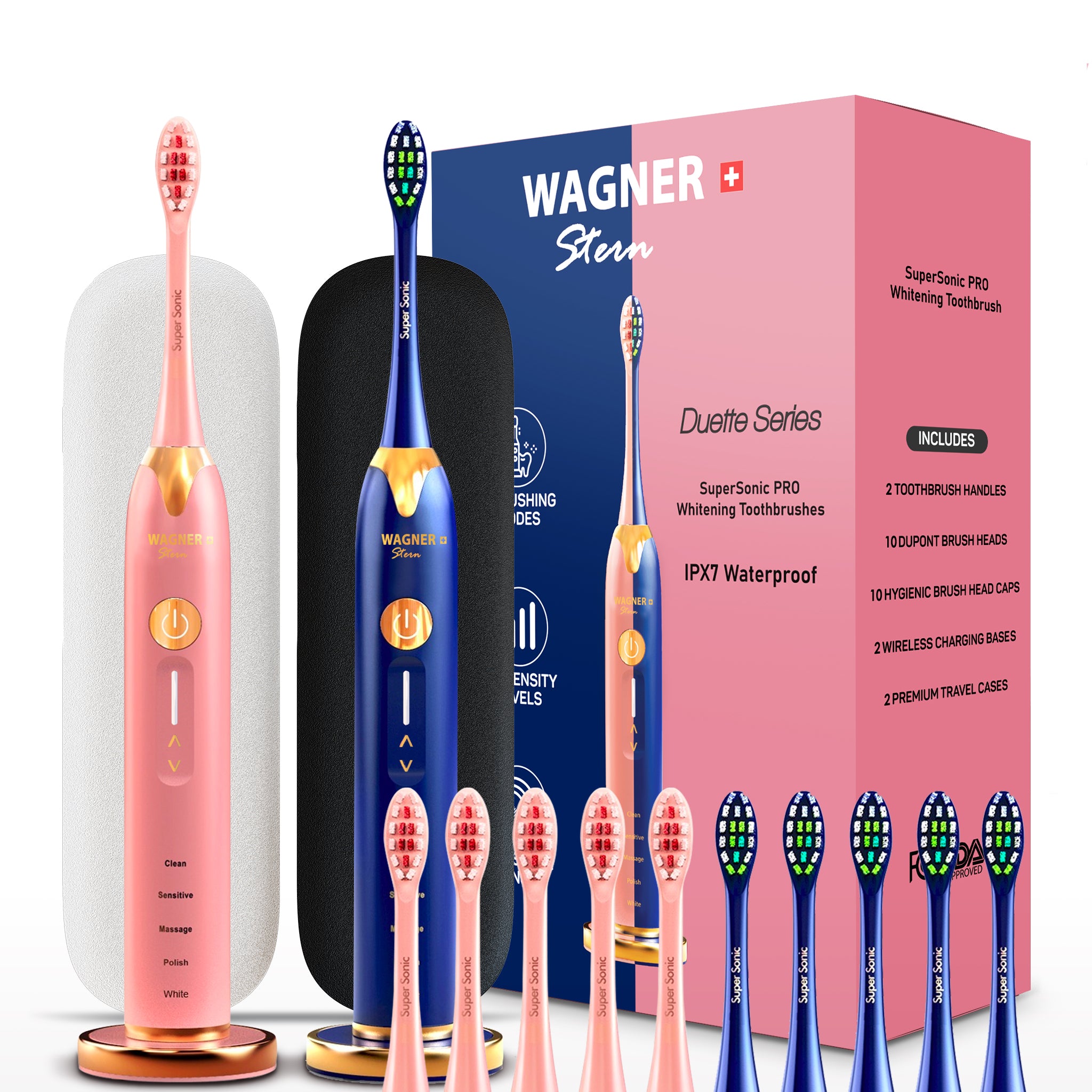 Wagner & Stern. Duette Series. 2 Electric toothbrushes with Pressure Sensor. 5 Brushing Modes and 4 Intensity Levels, 10 Dupont Bristles, 2 Premium Travel Cases. (Pink/Blue)
