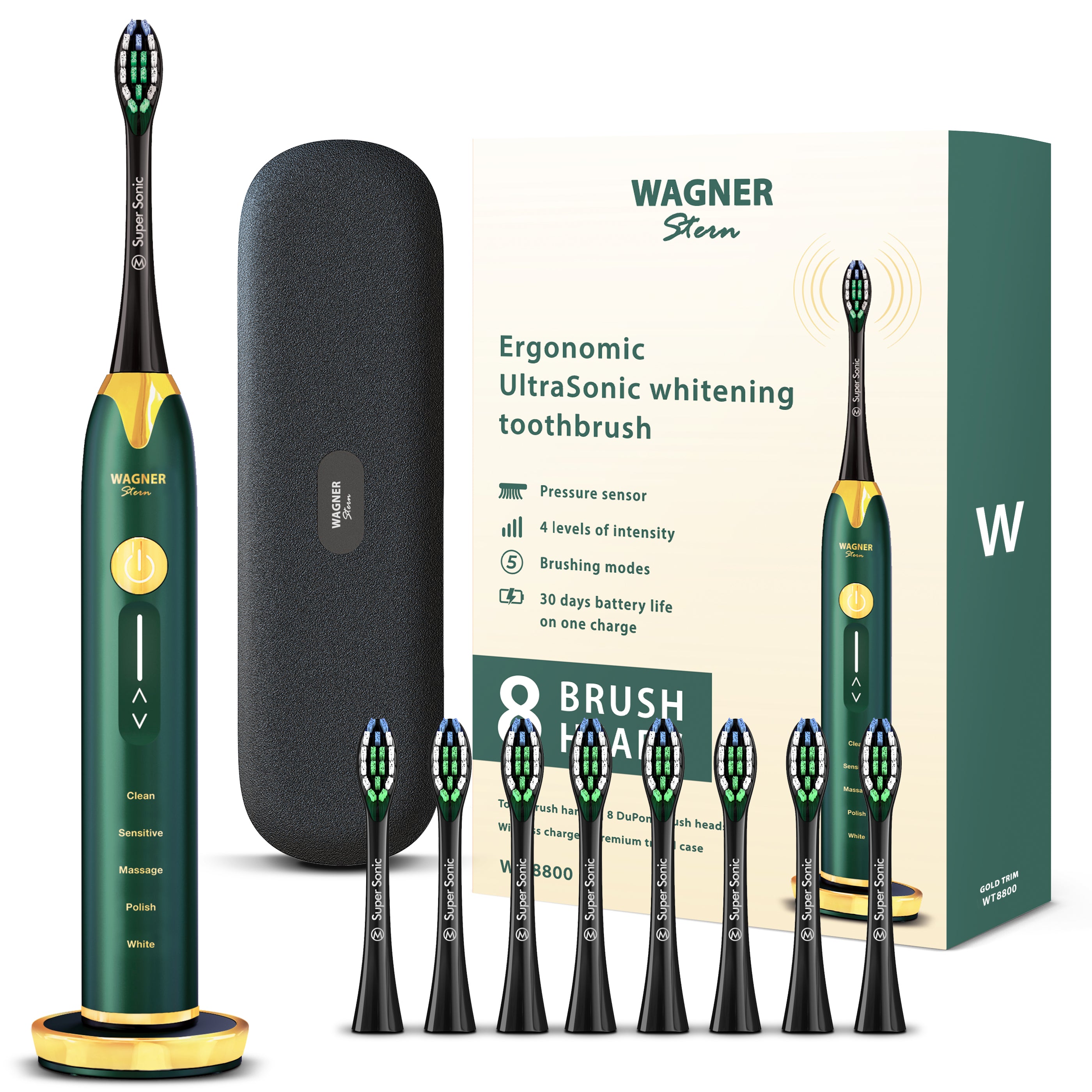 Wagner & Stern Ultrasonic whitening Toothbrush with Pressure Sensor. 5 Brushing Modes and 4 Intensity Levels with 3D Sliding Control, 8 Dupont Bristles, Premium Travel Case.