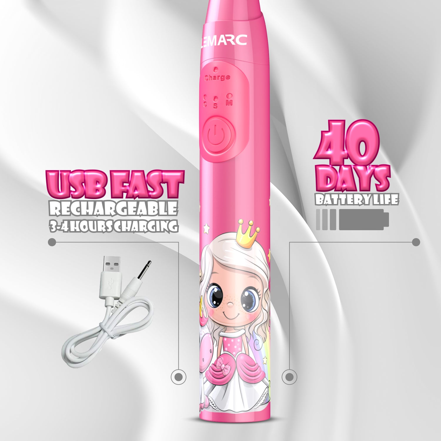 LEMARC USA Supersonic Kids Electric Toothbrush 8 Dupont Brush Heads, USB Rechargeable, Vibration Speed Control Plus Massage Mode, 2 Min Timer, Waterproof, for Age 3+ (Pink)