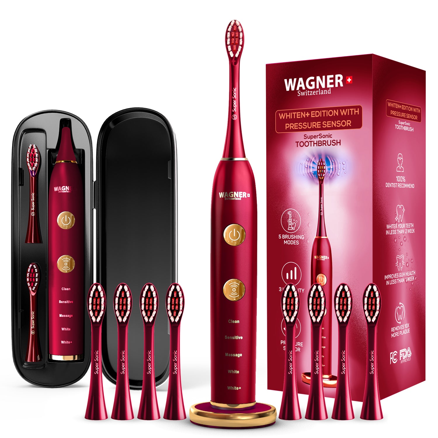 Replacement Toothbrush Brush Heads for Wagner & Stern and Wagner Switzerland toothbrushes.Whiten+ Edition, WT8800 Series and Duette series only. (Burgundy)