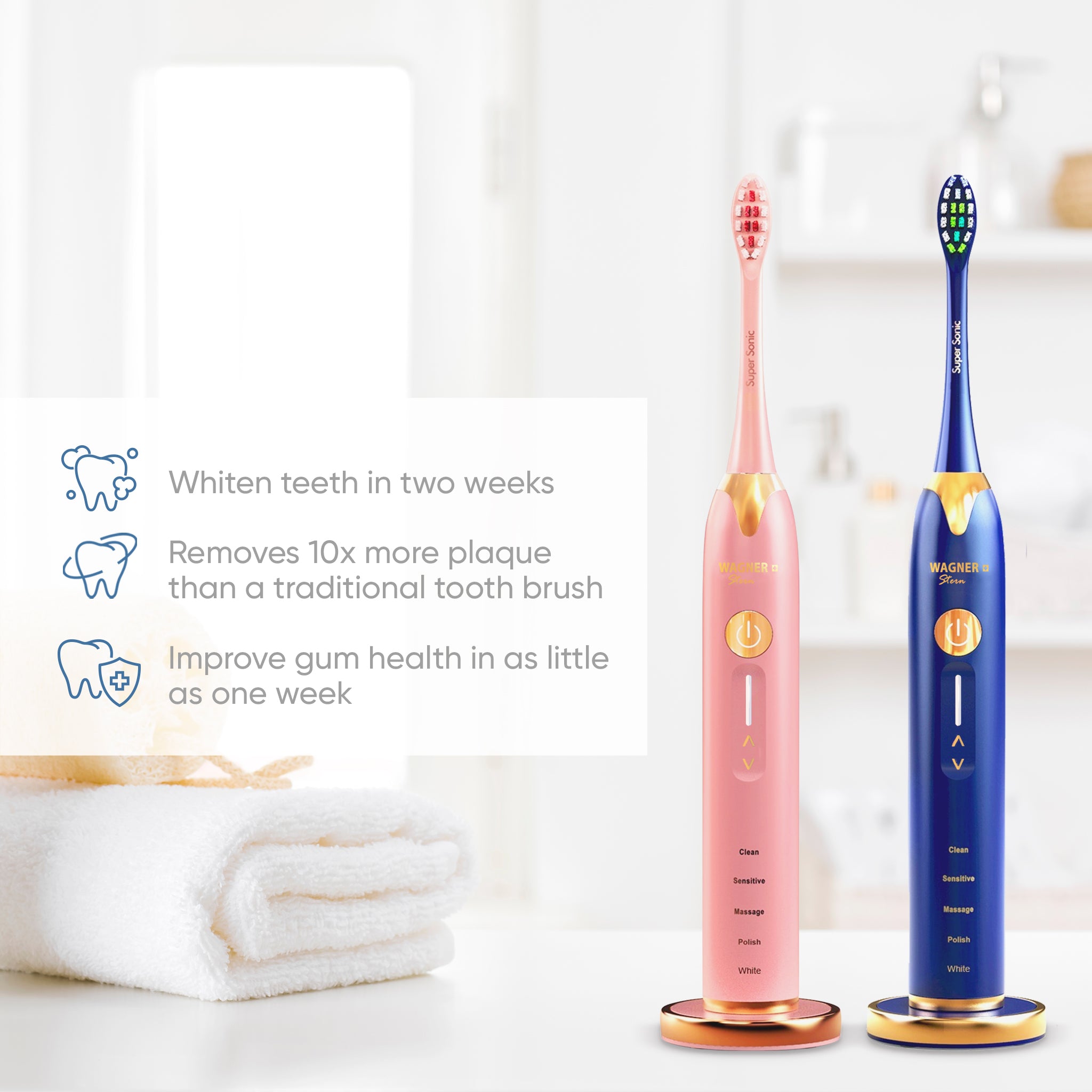 Wagner & Stern. Duette Series. 2 Electric toothbrushes with Pressure Sensor. 5 Brushing Modes and 4 Intensity Levels, 10 Dupont Bristles, 2 Premium Travel Cases. (Pink/Blue)
