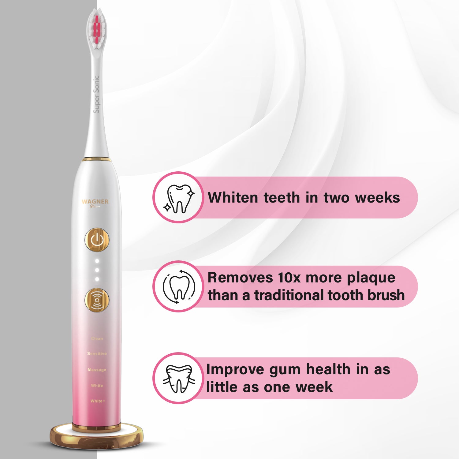 Wagner & Stern WHITEN+ Edition. Smart Electric Toothbrush with Pressure Sensor. 5 Brushing Modes and 3 Intensity Levels, 8 Dupont Bristles, Premium Travel Case.