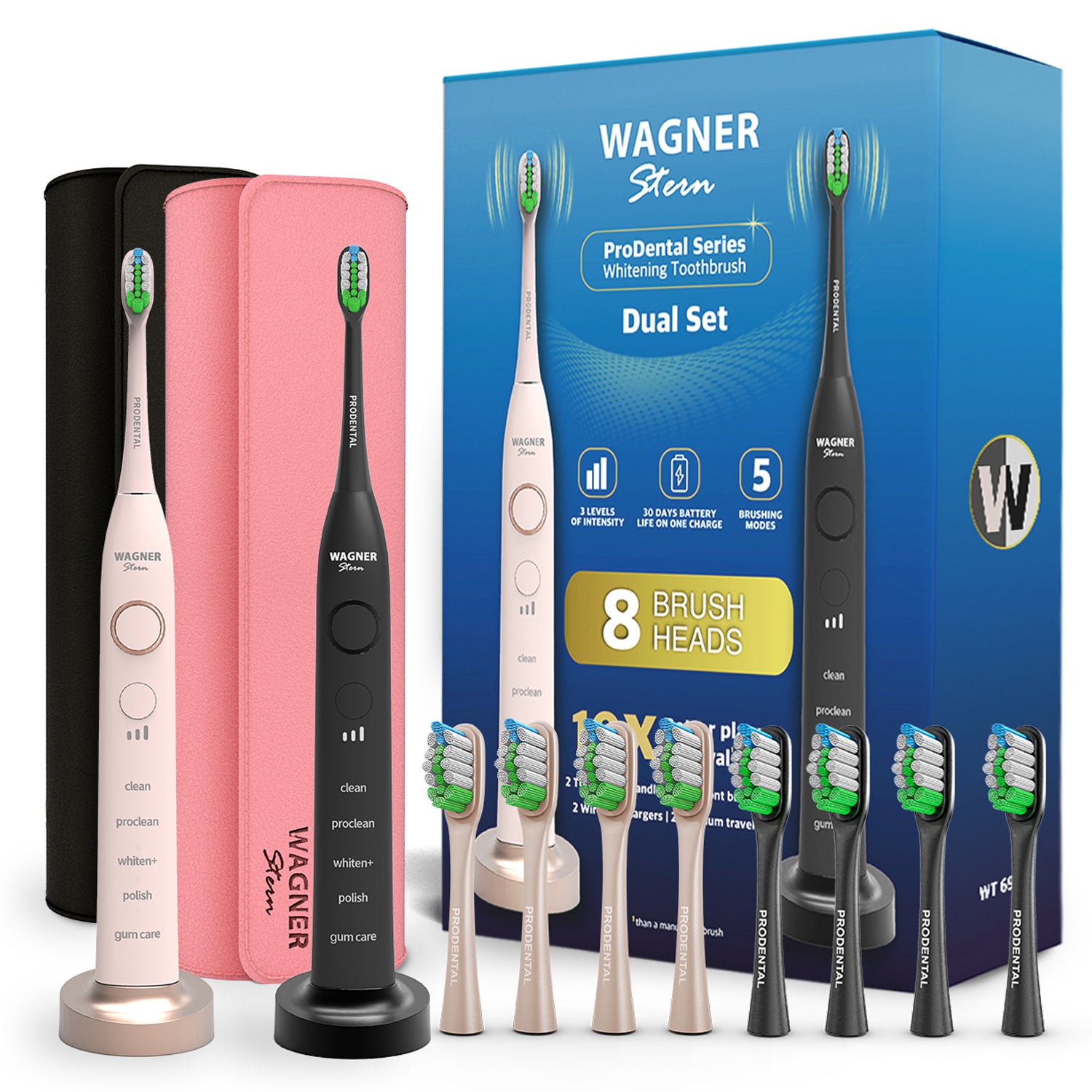 Wagner & Stern ProDental Series Set of 2 Electric Toothbrushes 5 Brushing Modes and 3 Intensity Levels, 8 Dupont Bristles, 2 Premium Travel Case.